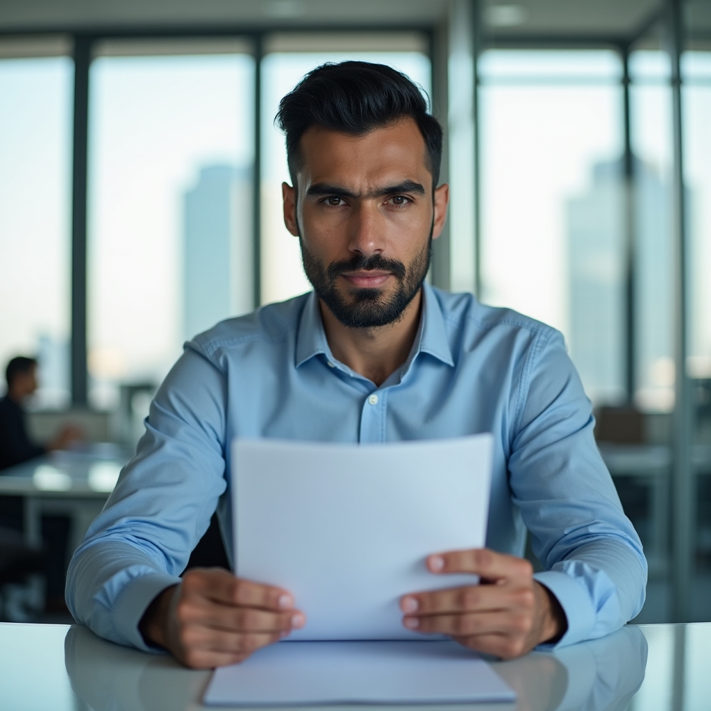 Manager citind atent un raport tipărit la birou, într-un spațiu modern de lucru